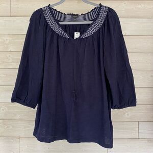Talbots 100% cotton embroidered blouse, 1X Navy, 3/4 length sleeves NWT